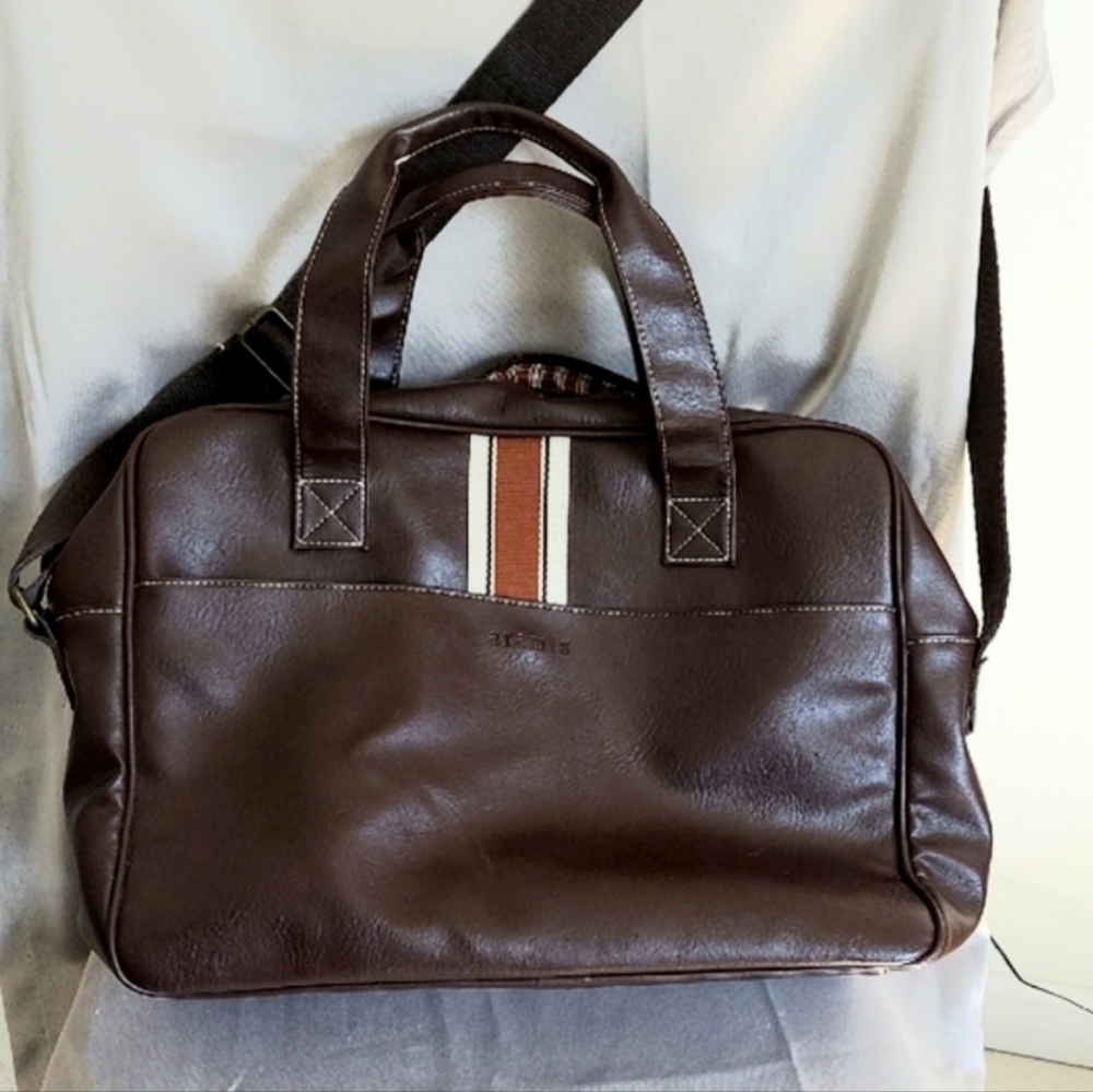Aramis Messenger Bag, Brown, Double Handle, Cross Body Strap, PVC Faux Leather